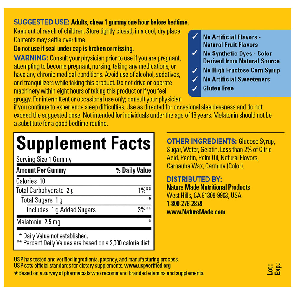 Close-up of Nature Made Melatonin Gummies 2.5 mg ingredients