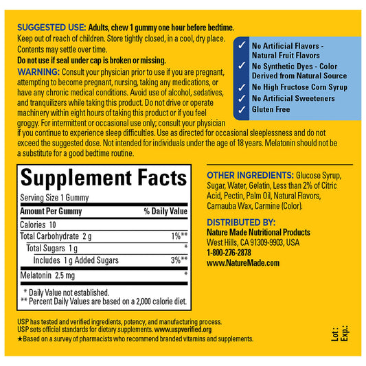 Close-up of Nature Made Melatonin Gummies 2.5 mg ingredients