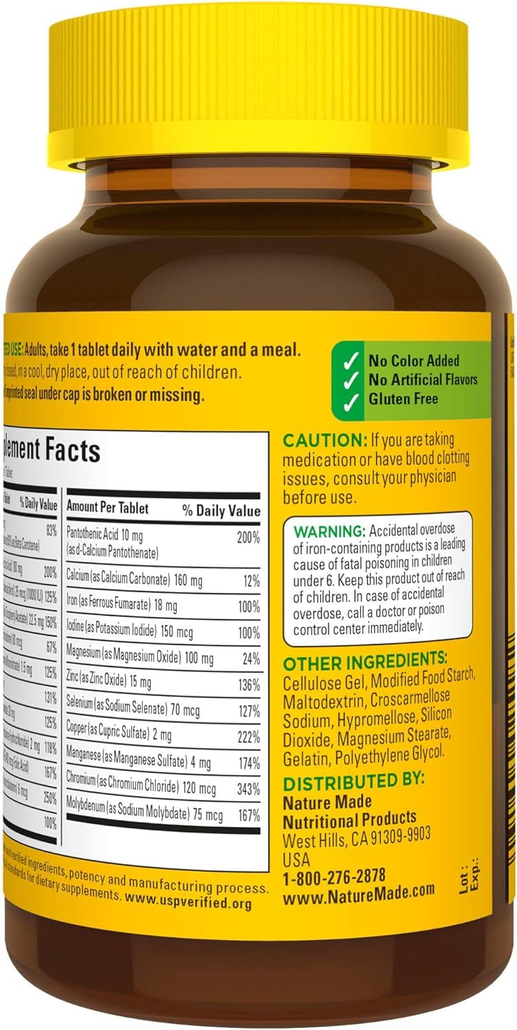 Nutrition facts panel for Nature Made Multi Complete