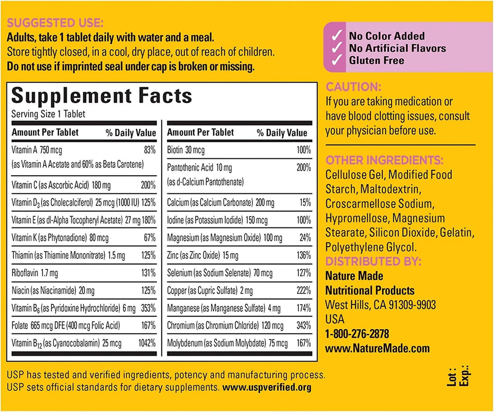 Nature Made Multi for Her 50+ bottle and label — back view