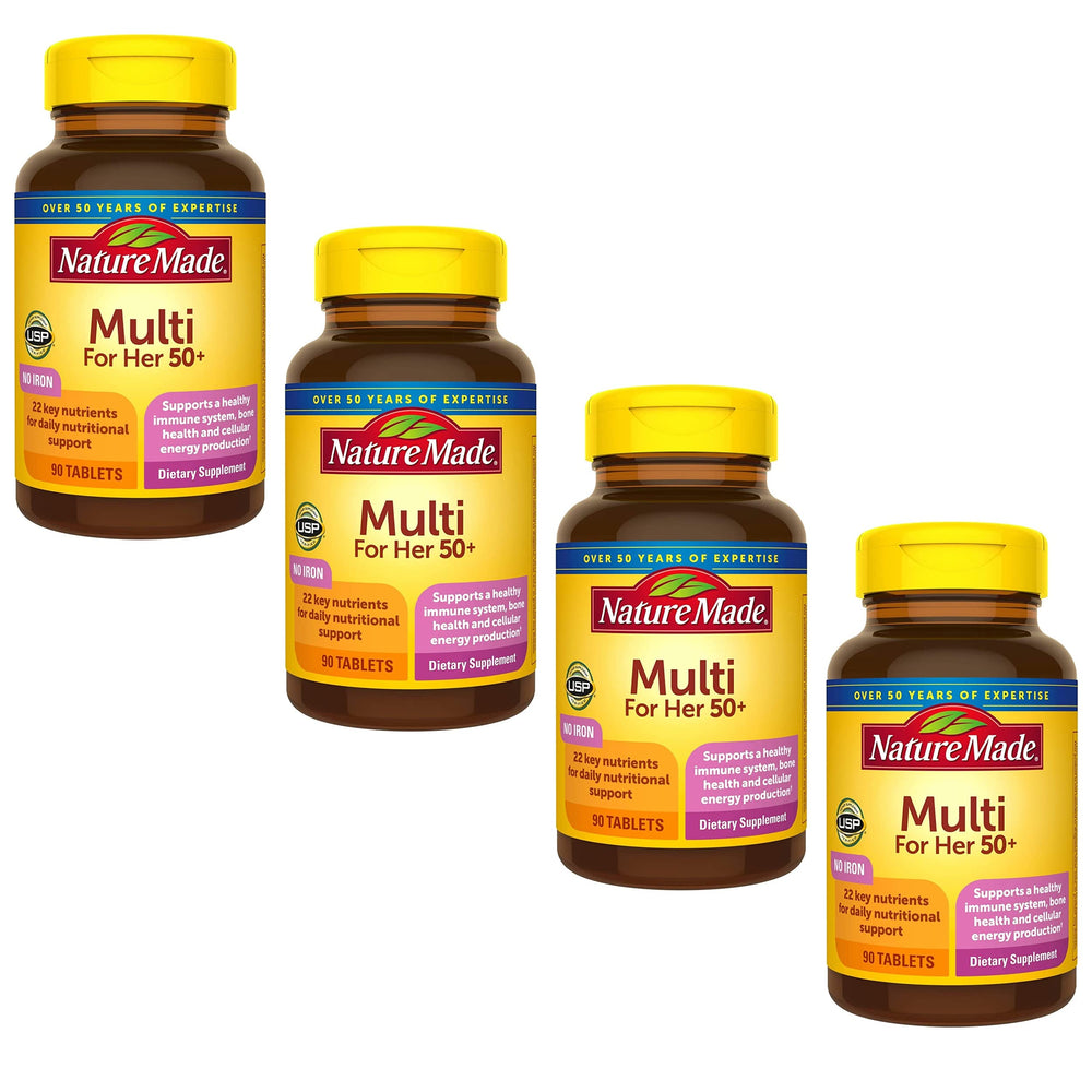 Nature Made Multi for Her 50+ bottle and packaging — front view