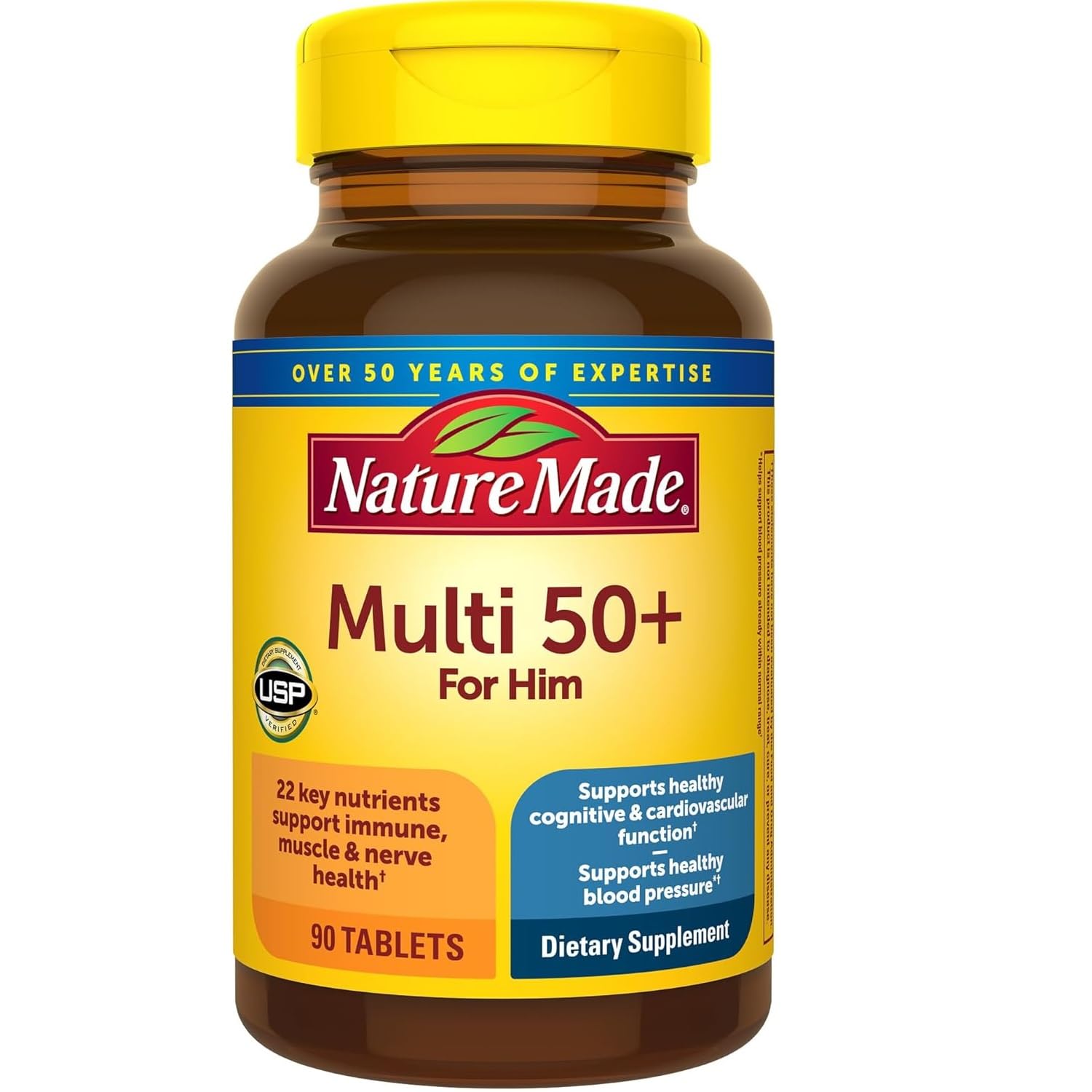 Nature Made Multi for Him 50+ bottle front view, daily multivitamin for men 50+.