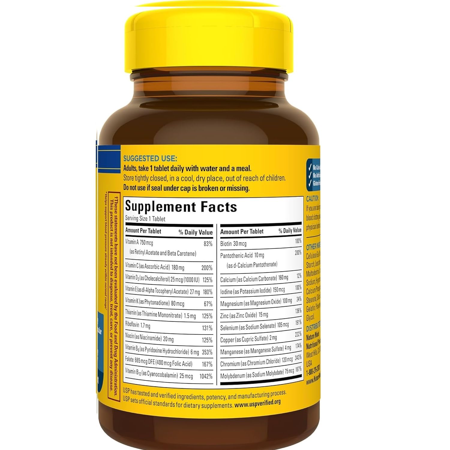 Nature Made Multi for Him 50+ bottle label, iron-free formula for everyday nutrition.