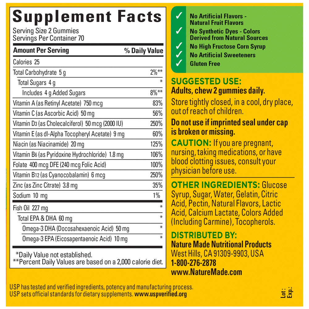 Nutrition facts panel for Nature Made multivitamin Omega-3 gummies