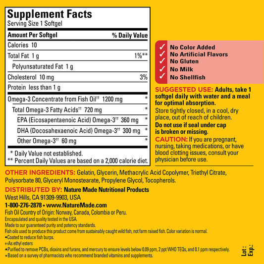 Close-up of EPA 360 mg and DHA 300 mg per omega-3 softgel label