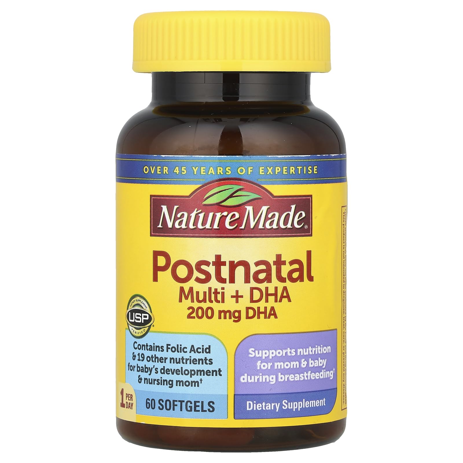 Nature Made Postnatal Multivitamin + DHA bottle with 60 softgels