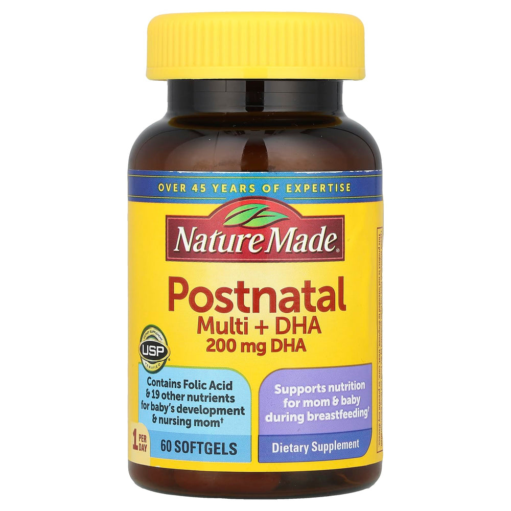 Nature Made Postnatal Multivitamin + DHA bottle with 60 softgels