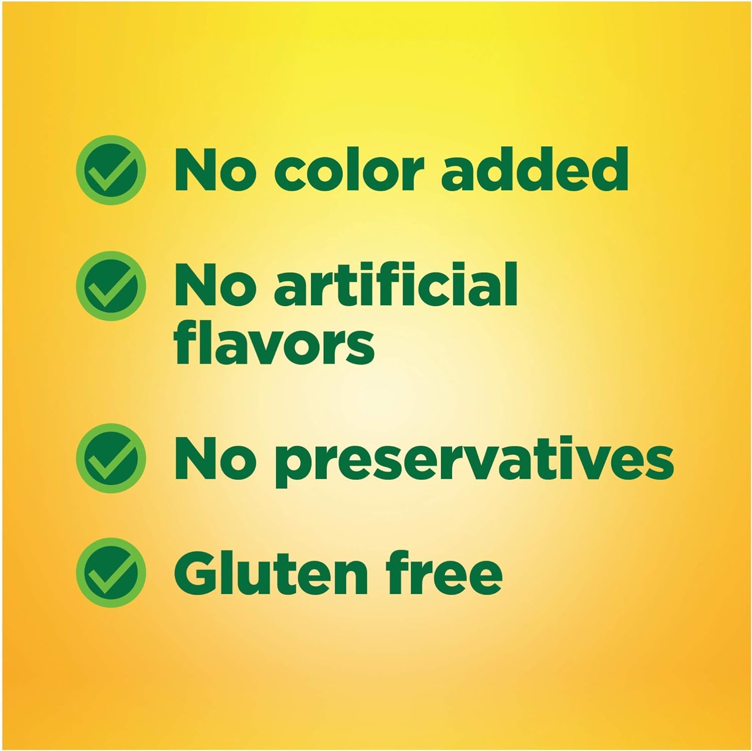Gluten free and no artificial colors on packaging