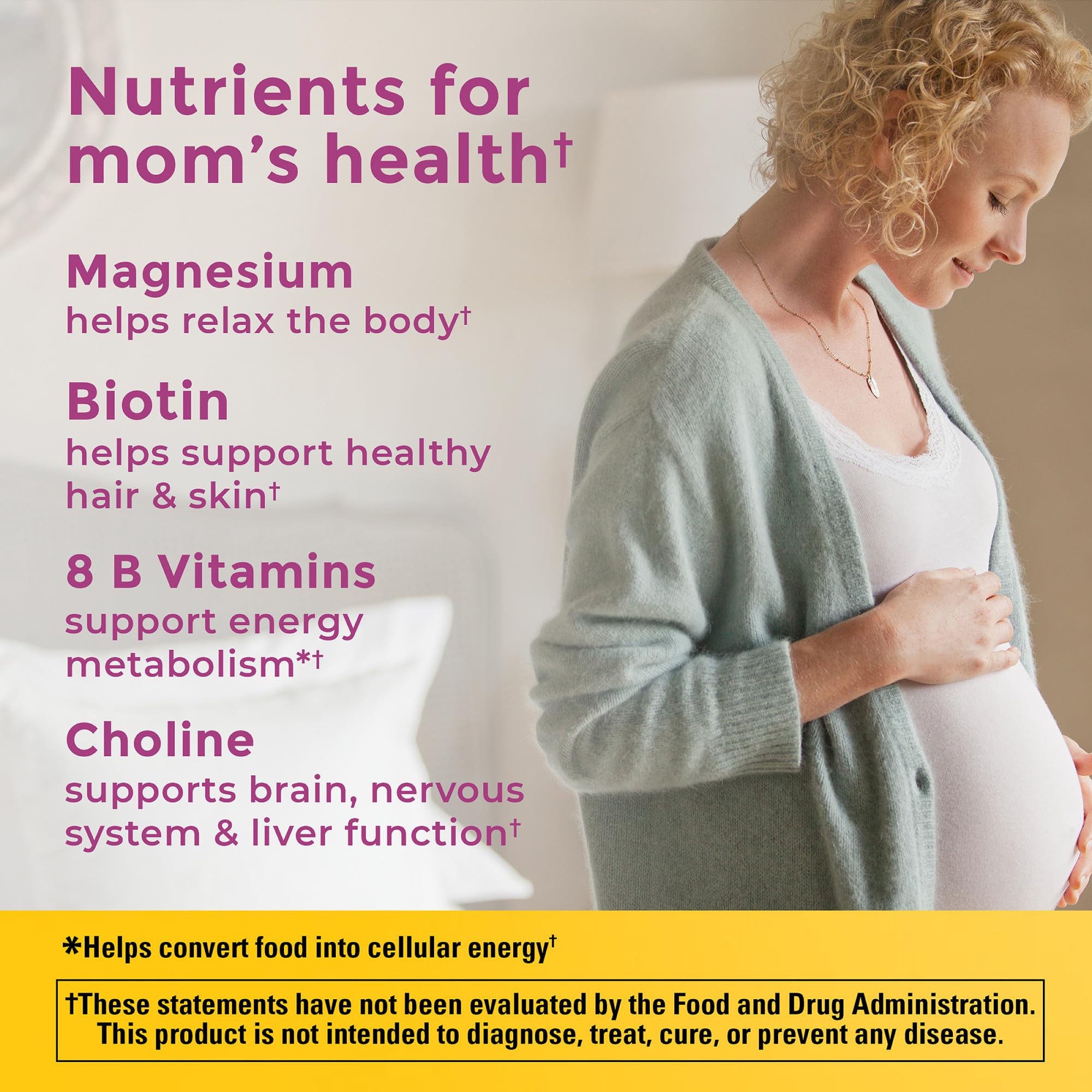 Close-up of Nature Made Prenatal Multivitamin + Choline label