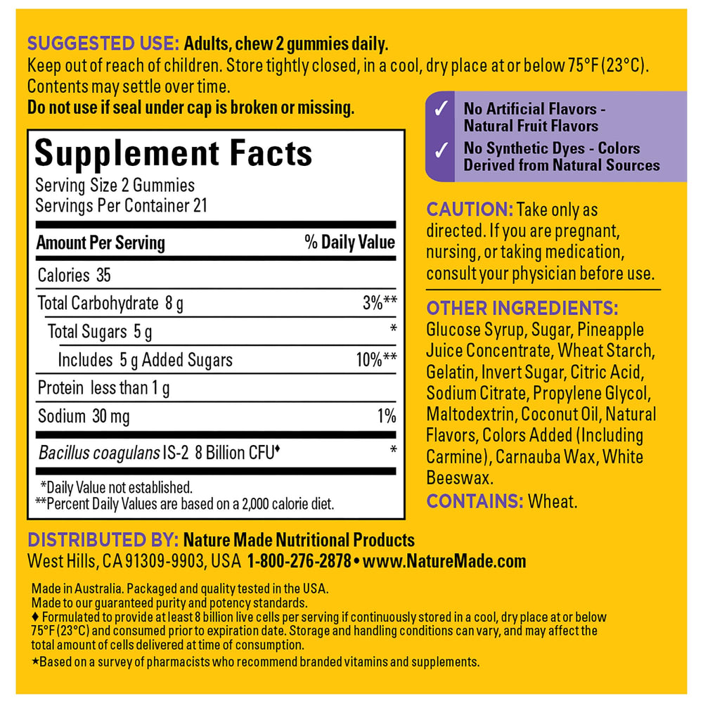 Label showing 8 billion CFUs per 2 gummies