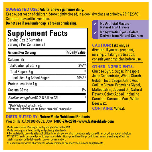 Label showing 8 billion CFUs per 2 gummies