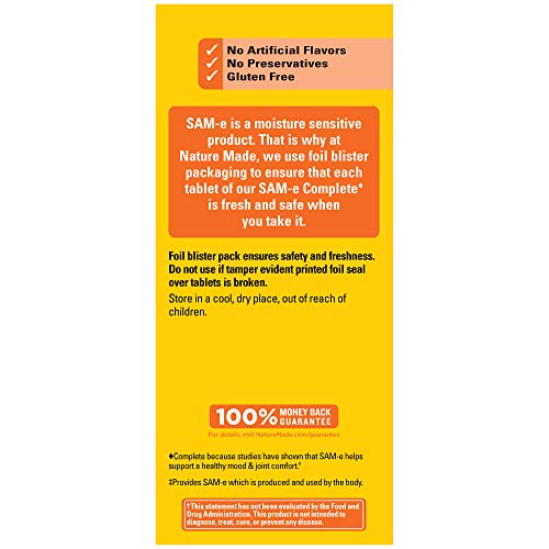 Back view showing supplement facts on Nature Made SAM-e Complete 400 mg bottle
