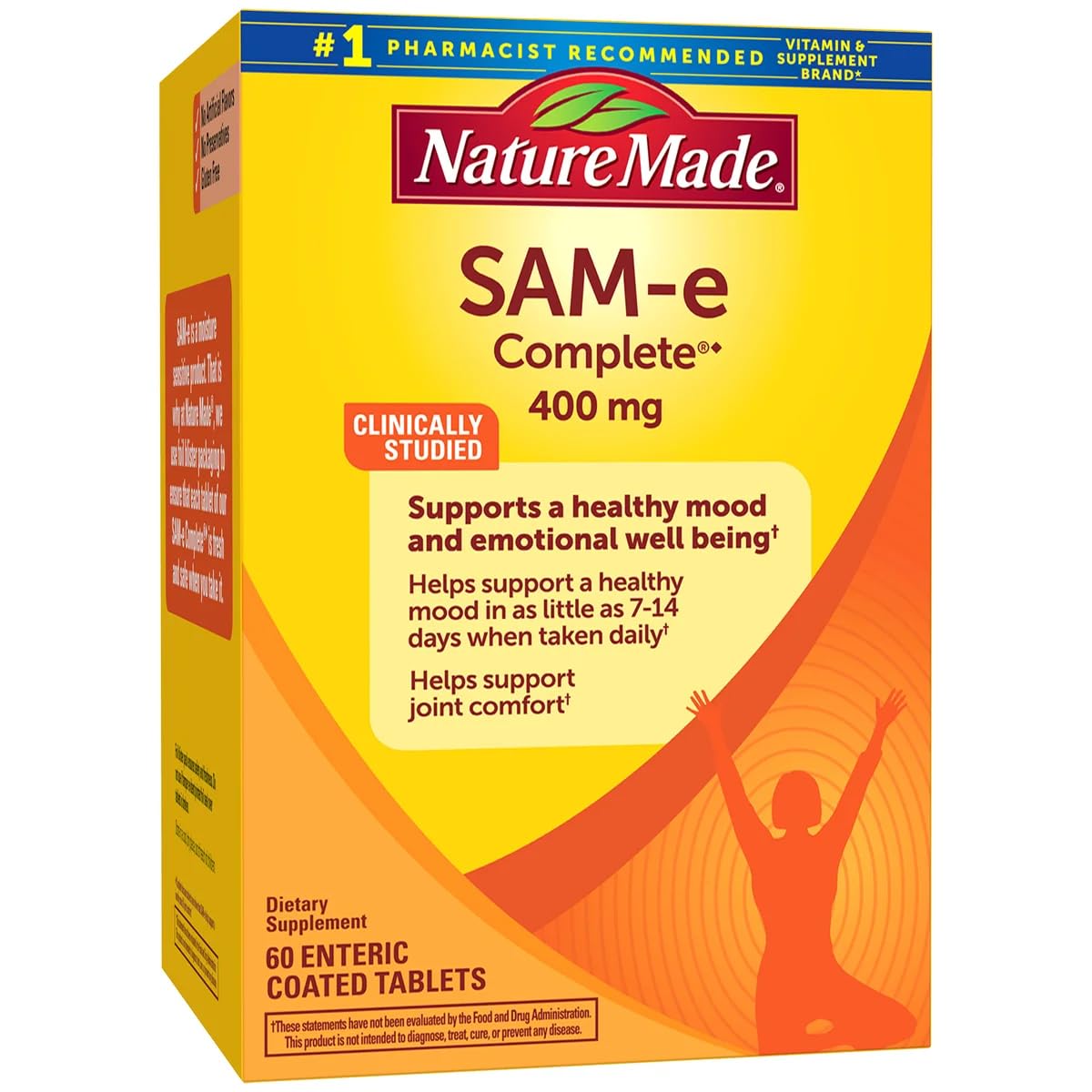 Close-up of Nature Made SAM-e Complete 400 mg bottle with enteric-coated tablets