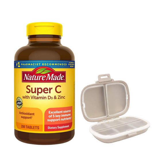 Nature Made Super C with Vitamin D3 and Zinc bottle (200 tablets) bundled with pill organizer