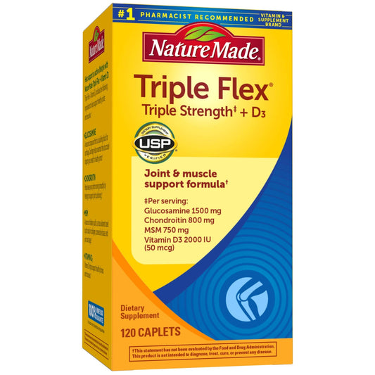 Front label of Nature Made TripleFlex Triple Strength Caplets with Vitamin D3 120-count bottle