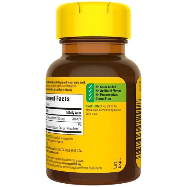 Gluten-free Vitamin B-12 supplement label with no color added, no artificial flavors, no preservatives