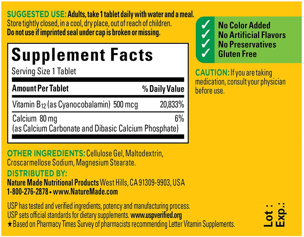 Adult taking one Vitamin B-12 tablet with water and a meal