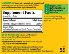Adult taking one Vitamin B-12 tablet with water and a meal