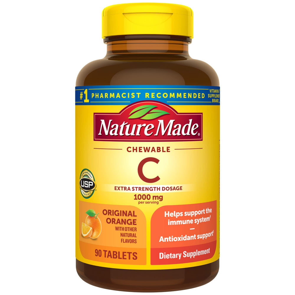 Nature Made Vitamin C 1000 mg chewable bottle packaging with 90 tablets