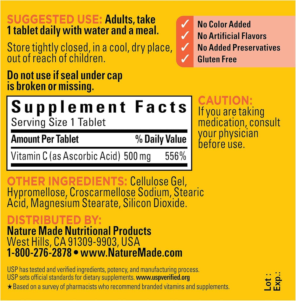 Front view of Nature Made Vitamin C 500 mg Caplets bottle label