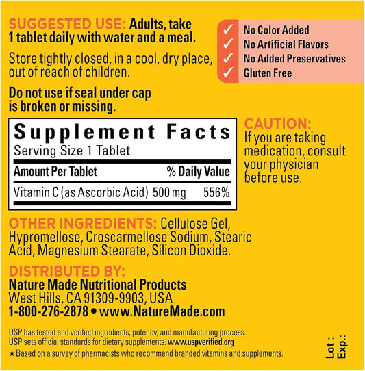 Front view of Nature Made Vitamin C 500 mg Caplets bottle label
