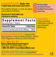 Front view of Nature Made Vitamin C 500 mg Caplets bottle label