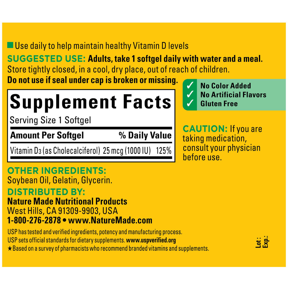 Vitamin D3 1000 IU label details on packaging