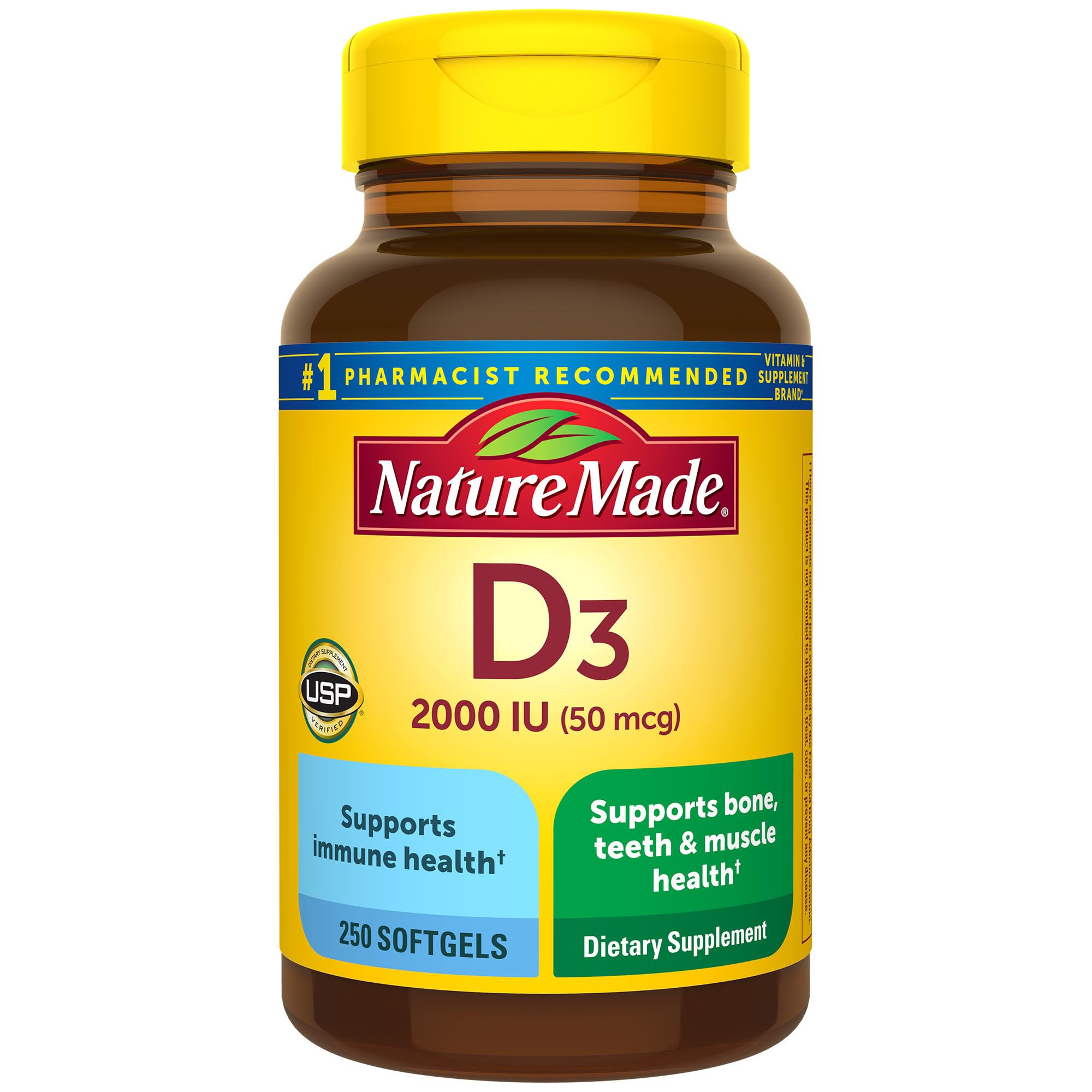 Nature Made Vitamin D3 2000 IU softgels bottle on white background