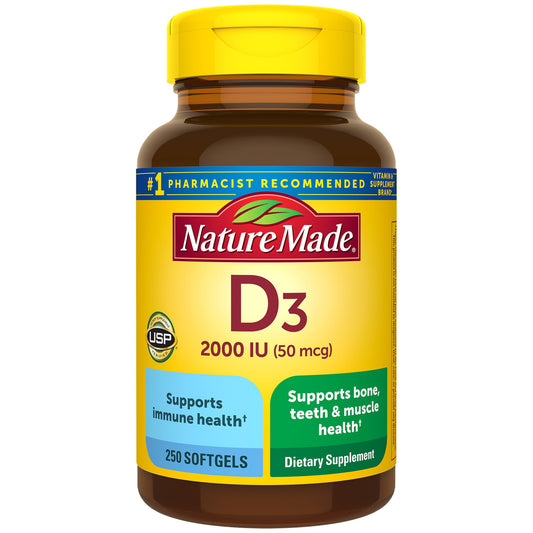 Nature Made Vitamin D3 2000 IU softgels bottle on white background