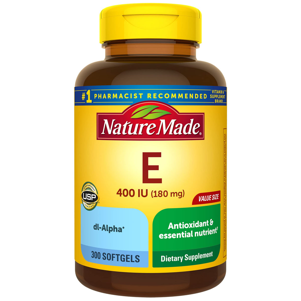 Nature Made Vitamin E 180 mg (400 IU) dl-Alpha softgel bottle with 300-count packaging