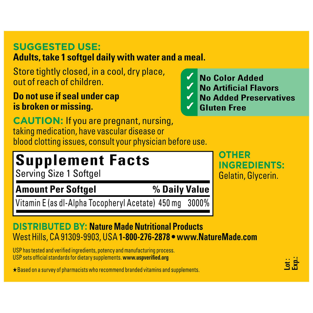 Nature Made Vitamin E 450 mg bottle cap top view emphasizing freshness seal.