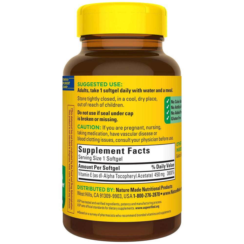 Nature Made Vitamin E 450 mg packaging storing for longevity in a cool place.