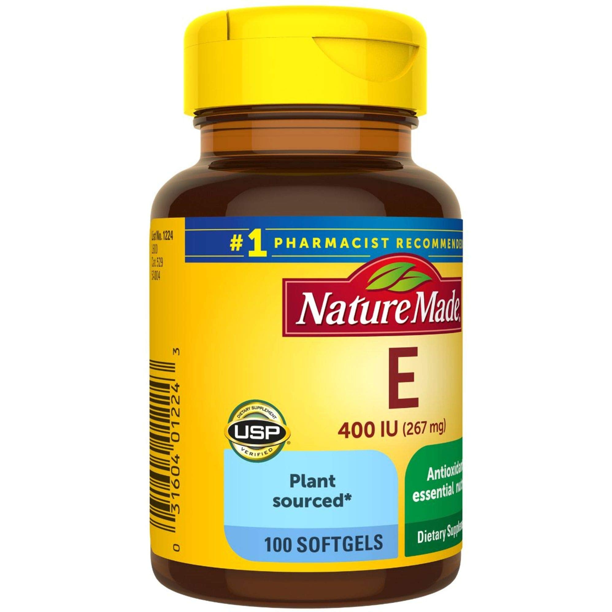 Nature Made Vitamin E bottle cap and label highlighting plant origin and natural form