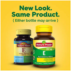 Nutrition facts and 3-pack packaging for Nature Made Vitamin E