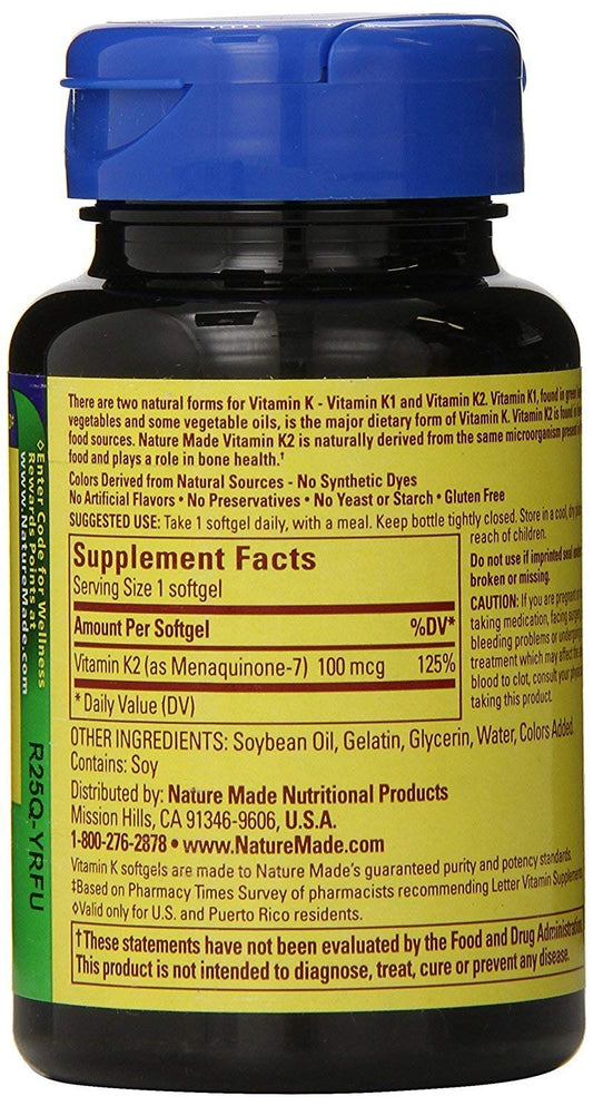 Nature Made Vitamin K2 100 mcg Softgels bottle back label with supplement facts