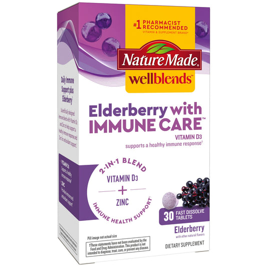 Bottle of Nature Made Wellblends Elderberry with ImmuneCare tablets