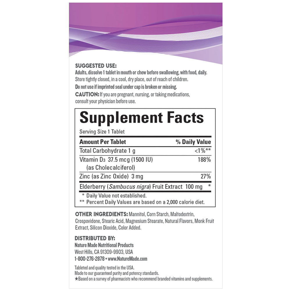 Ingredient highlights: Vitamin D3, Zinc, Elderberry flavor