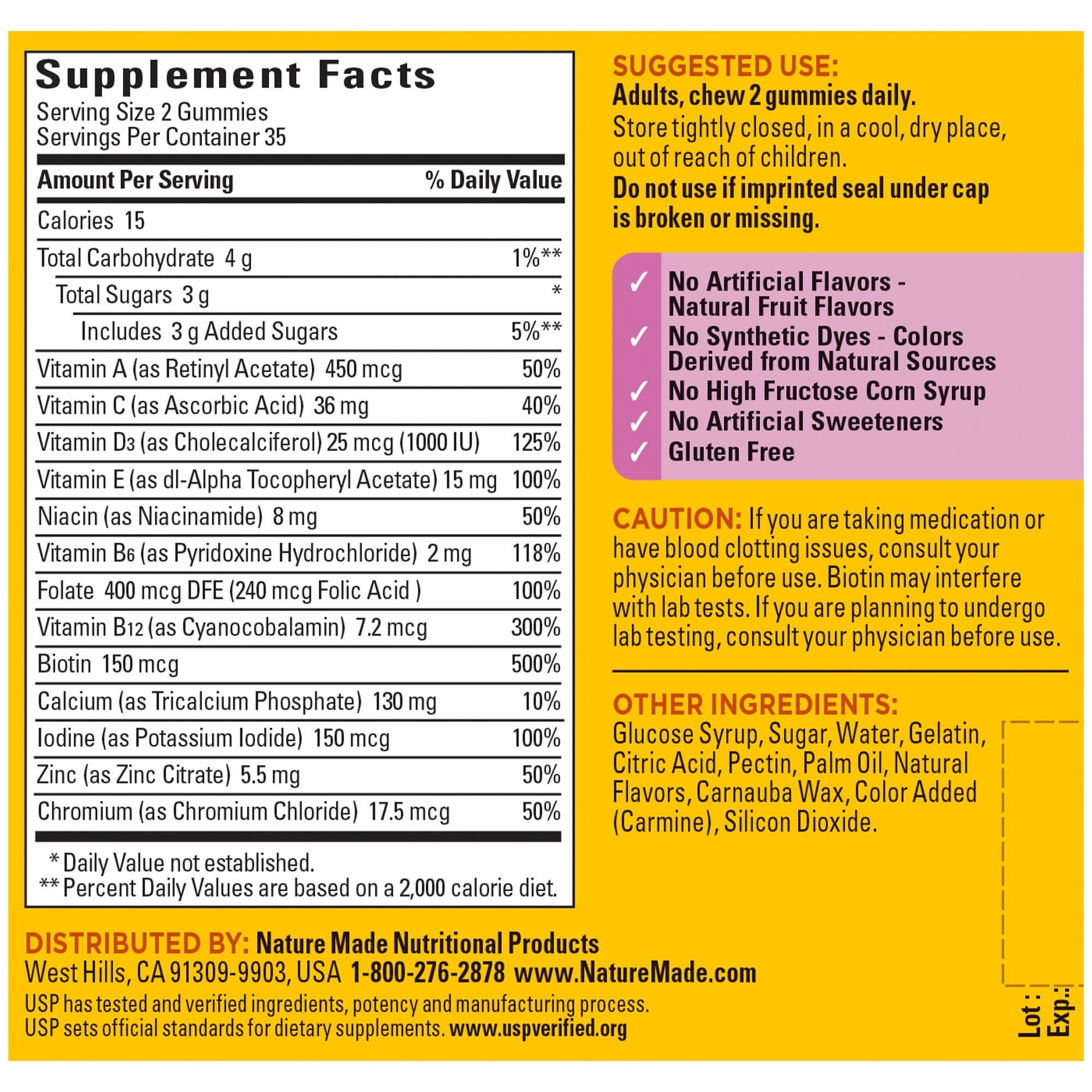 Gluten-free and no artificial flavors badge on Nature Made gummies