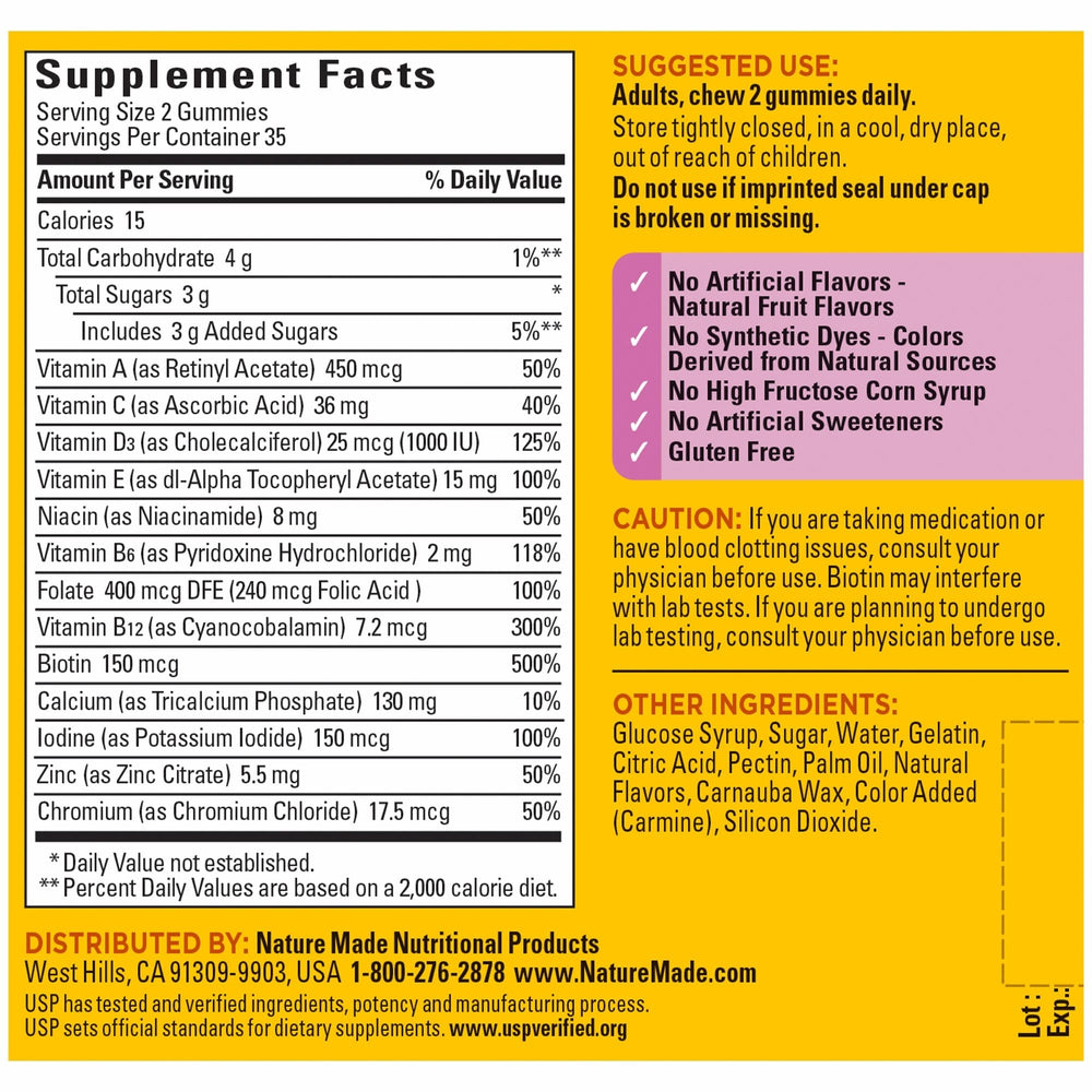 Gluten-free and no artificial flavors badge on Nature Made gummies