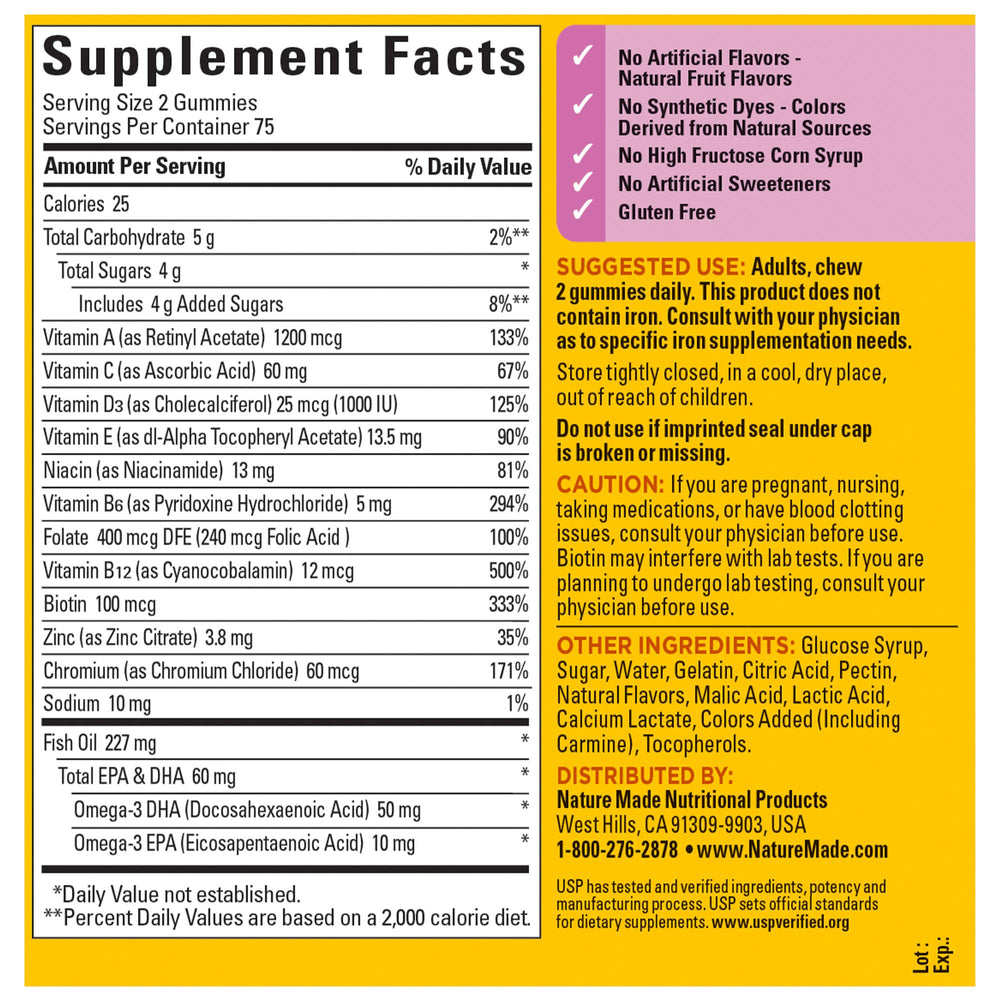 Nutrition facts and ingredients panel for Nature Made Women's Multivitamin with Omega-3 Gummies