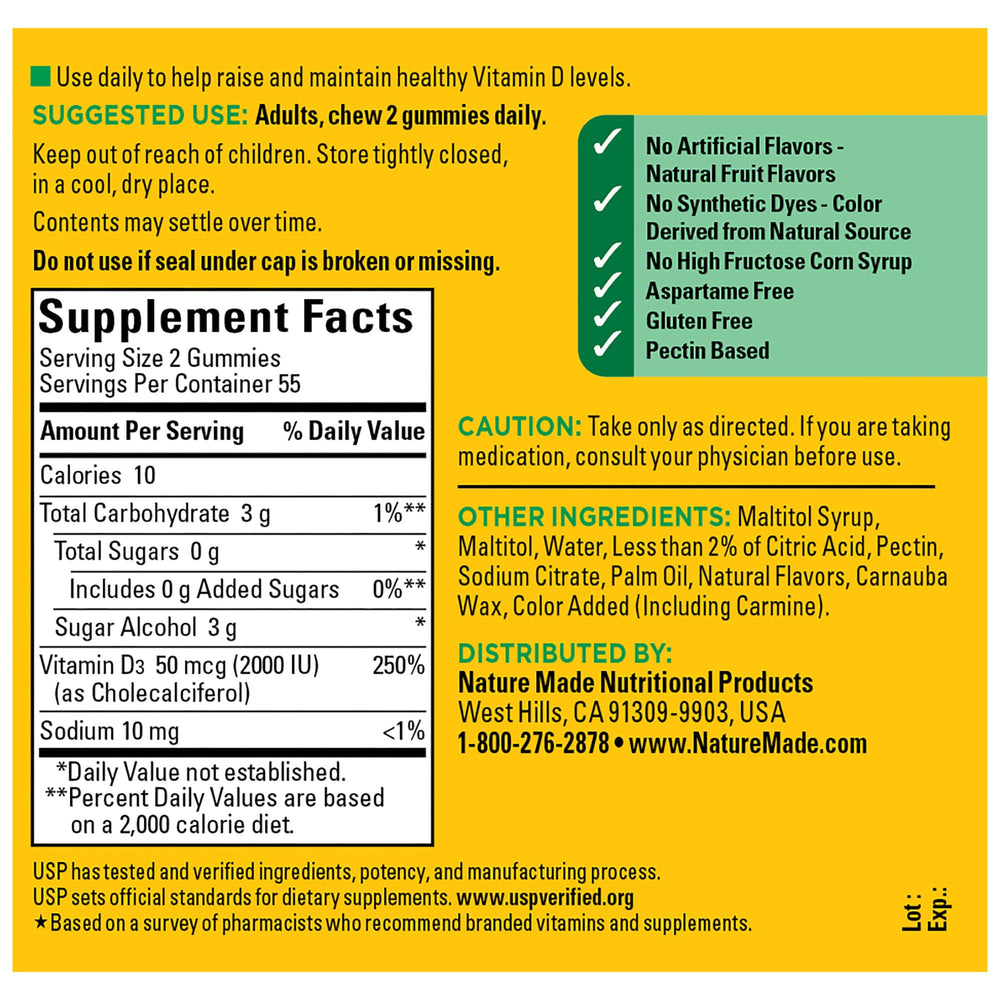 Supplement facts and ingredients panel for Nature Made Vitamin D3 Gummies