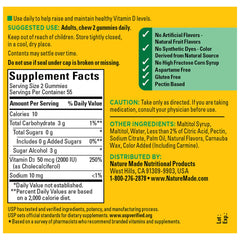 Supplement facts and ingredients panel for Nature Made Vitamin D3 Gummies