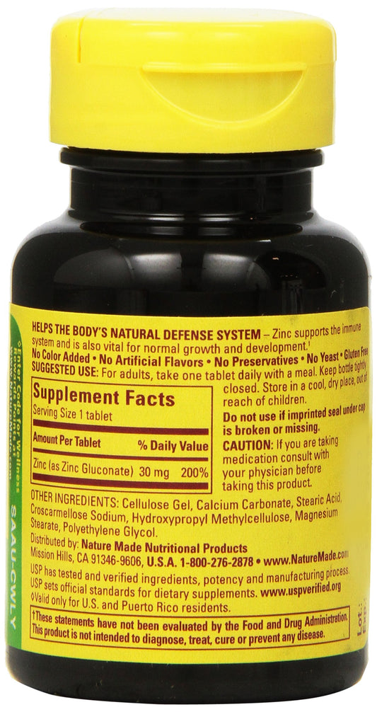 Back view of Nature Made Zinc 30mg bottle with supplement facts