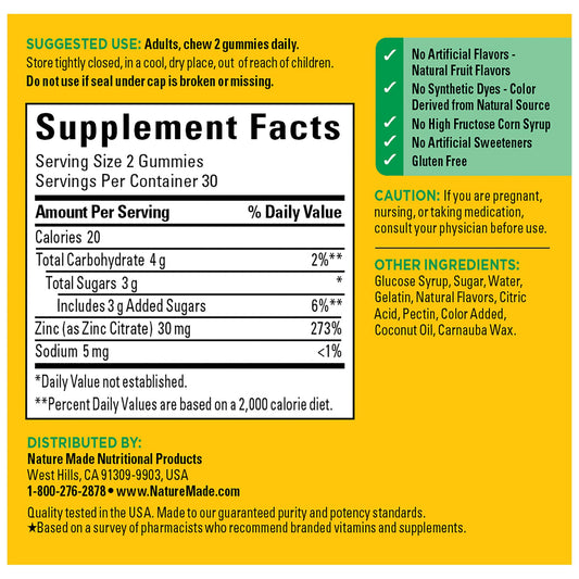 Back view of Nature Made Zinc 30 mg Gummies bottle, 60-count