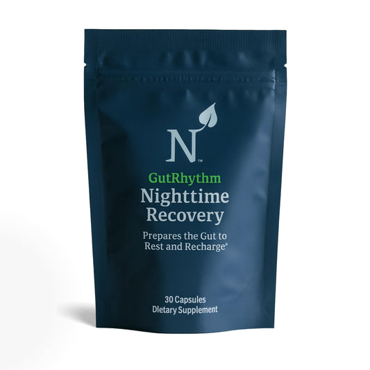 Nature M.D. GutRhythm Nighttime Recovery bottle with capsules (hero image)