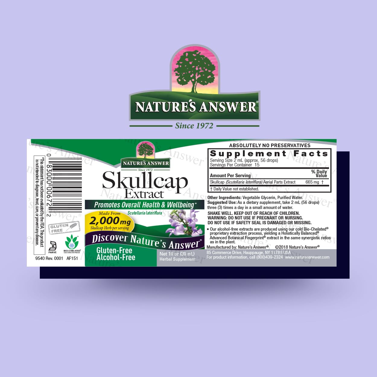 Close-up of dosage dropper and bottle for skullcap herb