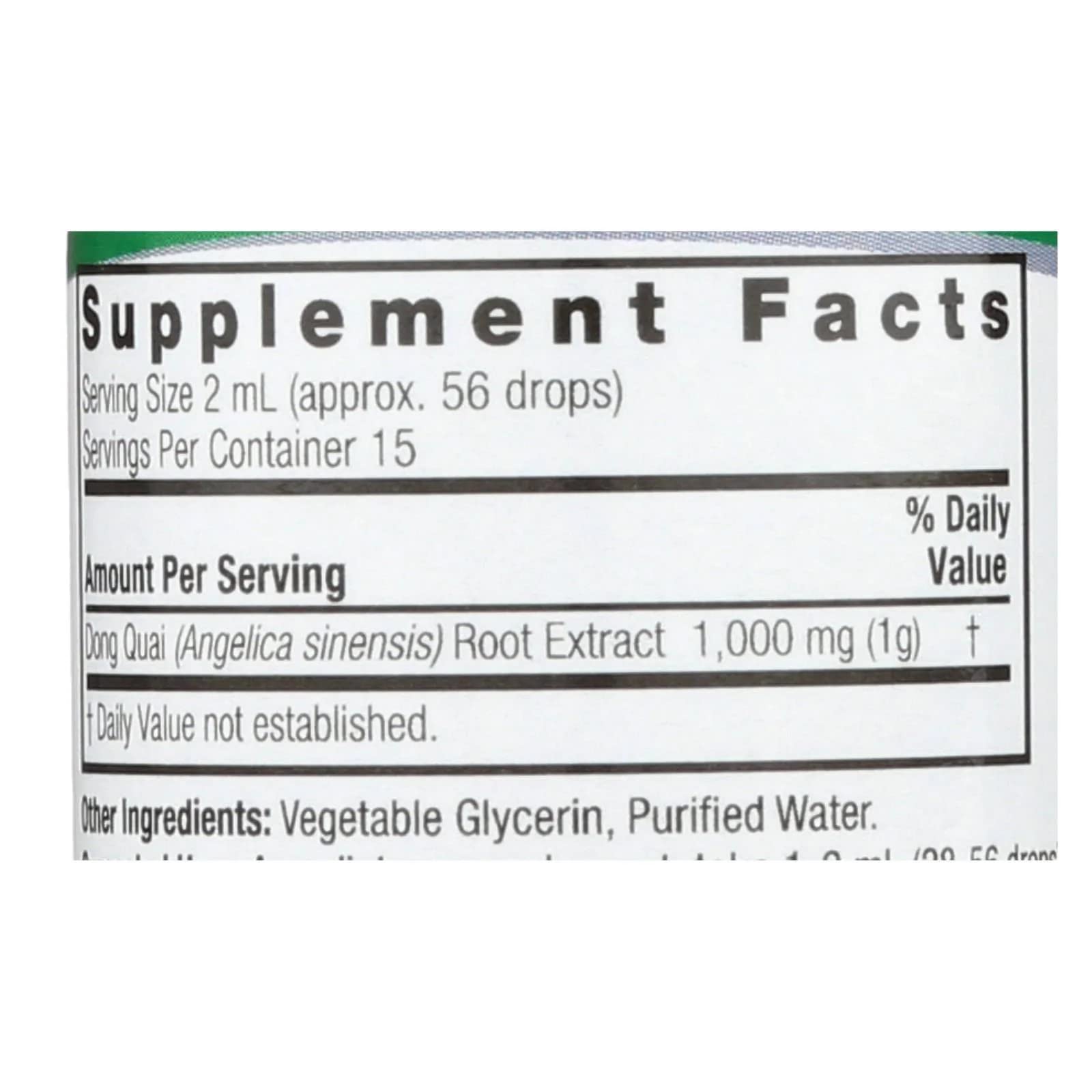 Dong Quai liquid extract bottle with label showing alcohol-free, gluten-free, kosher