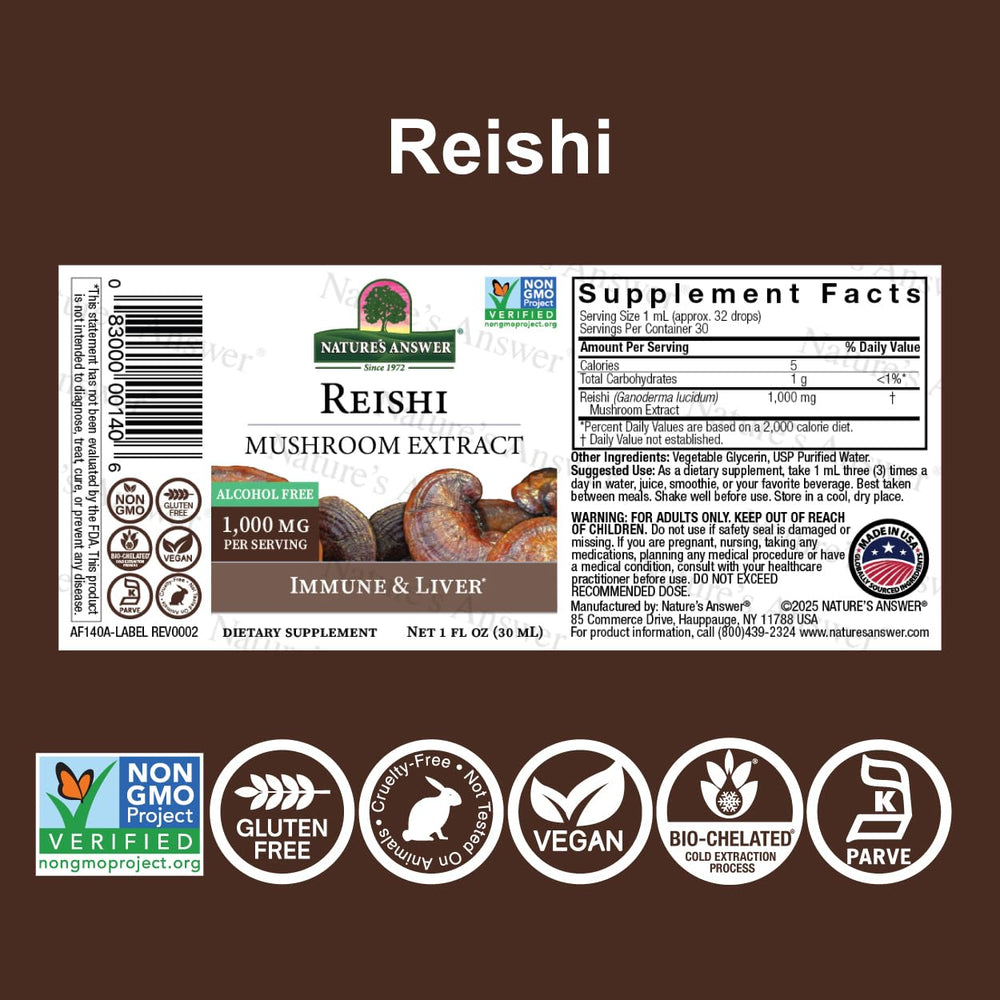 Close-up of Nature's Answer Reishi Mushroom Extract label