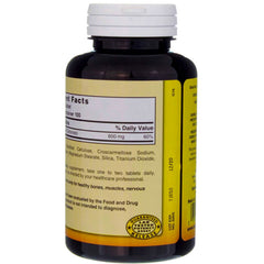 Nutrition facts showing 600 mg calcium per tablet