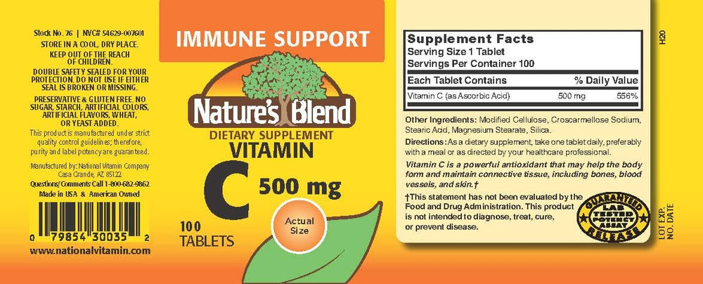 Close-up of Nature's Blend Vitamin C 500 mg 100 tablets bottle and tablets